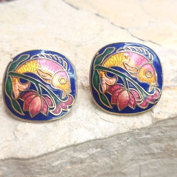 Vintage Cloisonne Enamel Earrings Fish and Tulip Square - Picture 1 of 5